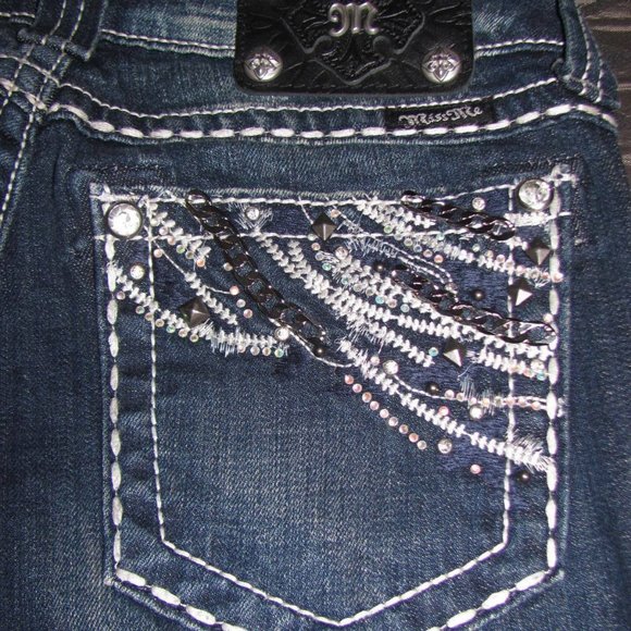 Miss Me Jeans Size 26 x 33 Easy Boot Low Rise Denim Studs chains sequins - Picture 9 of 12